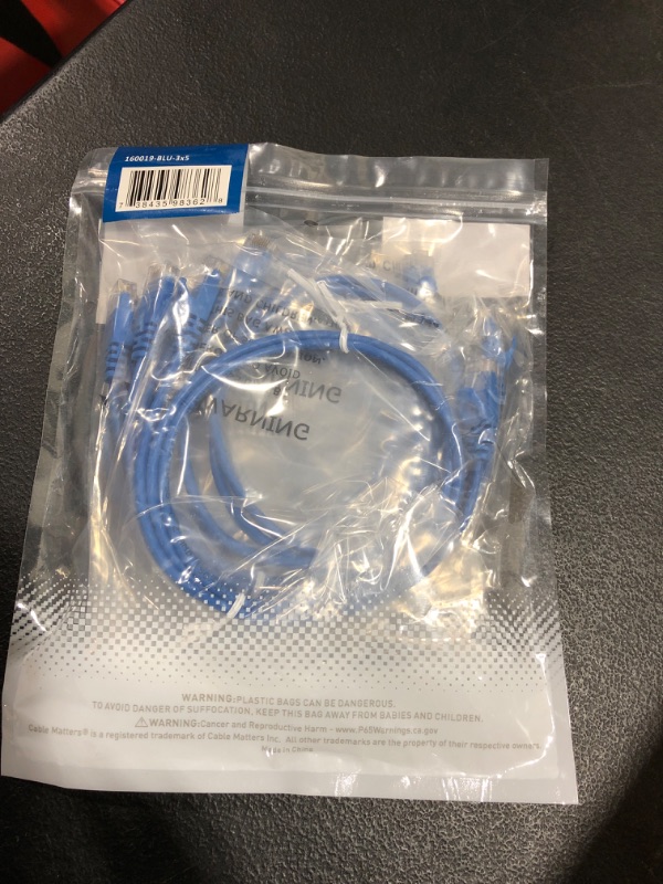 Photo 2 of Cable Matters 5-Pack Snagless Short Cat6 Ultra Thin Ethernet Cable 3 ft (Thin Cat6 Cable) in Blue
