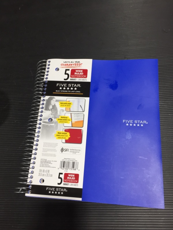 Photo 2 of Five Star Trend Wire bound Notebook, 5 Subject, Wide Ruled, Cobalt Blue (73198)