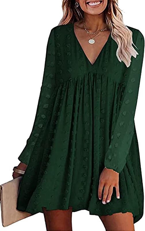 Photo 1 of Fazoacou Women Tunic Dress V Neck Lantern Sleeve Casual Loose Swiss Dot Flowy Swing Shift Dresses Size Small 
