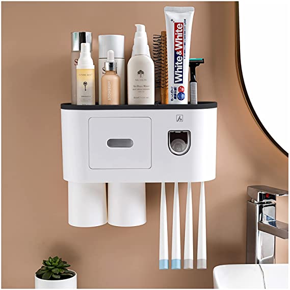 Photo 1 of Aeakey Toothbrush Holder with Toothpaste Dispenser-Multifunctional Wall Mounted Space-Saving Automatic Toothpaste Dispenser Squeezer Kit, 4 Toothbrush Slots,2 Cups and Drawers for Bathroom

