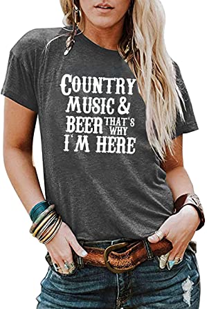 Photo 1 of Country Music Shirts for Women Funny Beer Music Party Tshirts Vintage Letter Print Graphic Drinking Tees Tops, XL