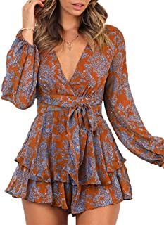 Photo 1 of Relipop Women's Jumpsuit Floral Print V Neck Baggy Sleeve Waist Tie Double Layer Ruffle Hem Short Mini Dress Romper, XL