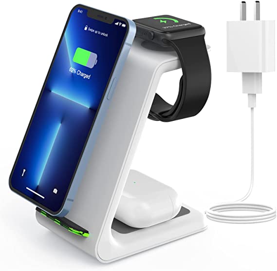 Photo 1 of Wireless Charging Stand, GEEKERA 3 in 1 Wireless Charger Dock Station for Apple Watch 7 6 SE 5 4 3 2, Airpods 2/Pro, iPhone 13Pro Max/13 Pro/13/12/12 Pro/12 Pro Max/Qi-Certified Phones White
