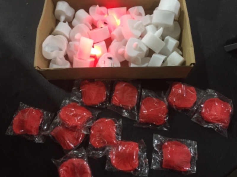 Photo 2 of 1000 Pieces Artificial Rose Petal with 24 Pieces Romantic Heart LED Candle Flameless Romantic Love LED Tealight Candle for Romantic Night Valentine's Day Anniversary Wedding Table Decor (Red)
