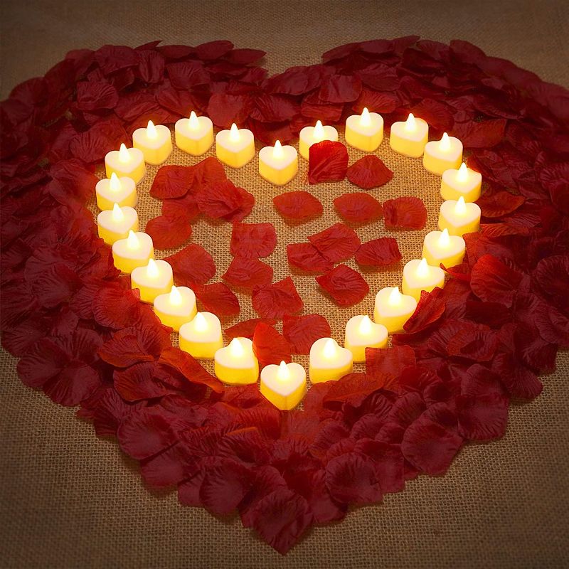 Photo 1 of 1000 Pieces Artificial Rose Petal with 24 Pieces Romantic Heart LED Candle Flameless Romantic Love LED Tealight Candle for Romantic Night Valentine's Day Anniversary Wedding Table Decor (Red)
