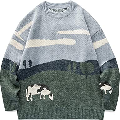 Photo 1 of Vamtac Mens Grassland Cow Vintage Oversize Knitted Sweater Long Sleeve Round Neck Knitted Pullover Jumper, Small 