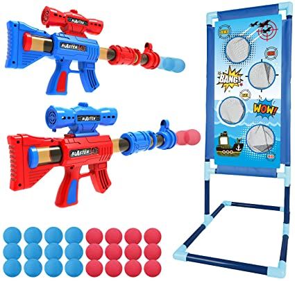 Photo 1 of YEEBAY Shooting Game Toy for Age 6, 7, 8,9,10+ Years Old Kids, Boys - 2pk Foam Ball Popper Air Guns & Shooting Target & 24 Foam Balls - Ideal Gift - Compatible with Nerf Toy Guns
