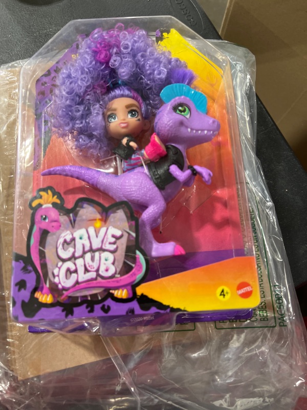 Photo 2 of Cave Club Cave Tots Rebel Tot Doll (Approx. 3.5-in) Small Doll with Dinosaur & Curly Purple Hair, Wearing Outfit & Accessories, Gift for 4 Year Olds and Up
