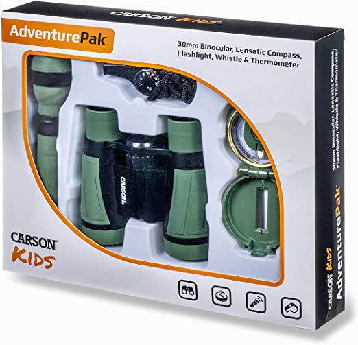 Photo 1 of Carson AdventurePak Containing 30mm Kids Field Binoculars, Lensatic Compass, Flashlight and Signal Whistle with a Built-in Thermometer (HU-401), 4.2" x 2.3" x 1.5"
