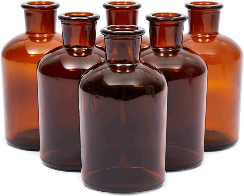 Photo 1 of 6 Pack Amber Glass Decorative Bottles, 7.5 oz Bud Vases for Flowers, Table Centerpieces, Home Decor (2.5 x 4.8 In)
