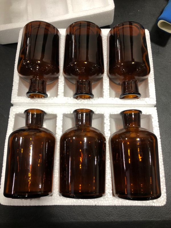 Photo 2 of 6 Pack Amber Glass Decorative Bottles, 7.5 oz Bud Vases for Flowers, Table Centerpieces, Home Decor (2.5 x 4.8 In)
