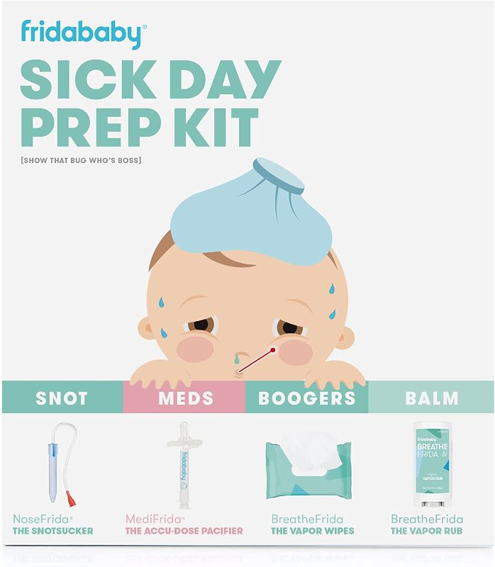 Photo 1 of Baby Sick Day Prep Kit by FridaBaby - Includes NoseFrida Nasal Aspirator, MediFrida Pacifier Medicine Dispenser, Breathefrida Vapor Chest Rub + Snot Wipes. Soothe Stuffy Noses for Babies with A Cold
