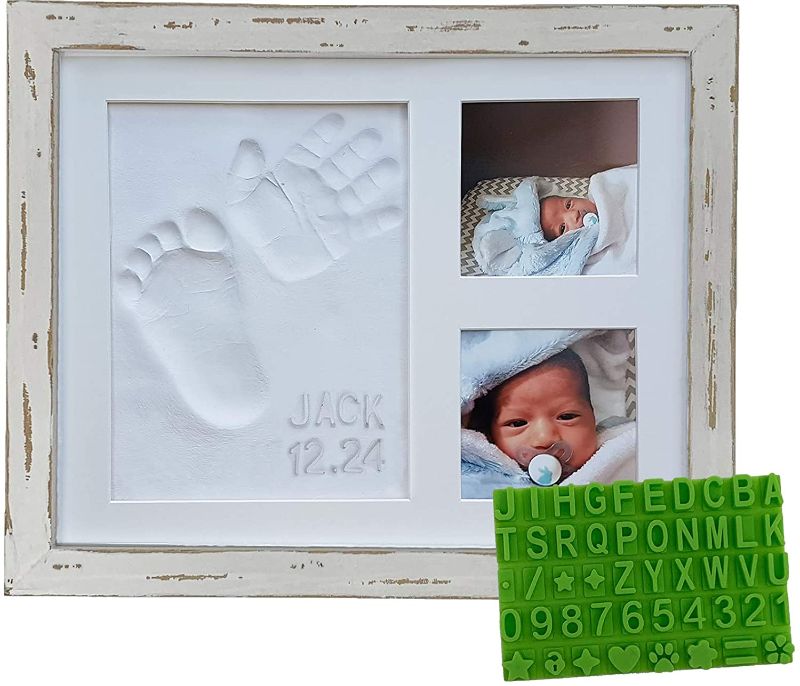 Photo 1 of Farmhouse Baby Handprint & Footprint Picture Frame Kit - Rustic 9" x 11" Distressed Wood Photo Frame & Clay Keepsake for Newborns. 
