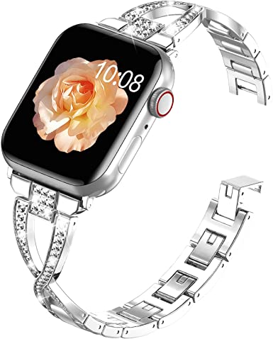 Photo 1 of DABAOZA Compatible for Apple Watch Band 38mm 40mm 41mm 42mm 44mm 45mm, Women Girl Valentine Bling Diamond Strap Metal Cuff Dressy X-Link Bracelet Rhinestone for iWatch Series 7 6 5 4 3 2 1 SE
