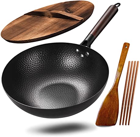 Photo 1 of Anyfish Wok Stir Fry Pan with Lid 12.6 Inch Carbon Steel Wok Pan with Chopsticks and Wooden Spatula for All Stoves
