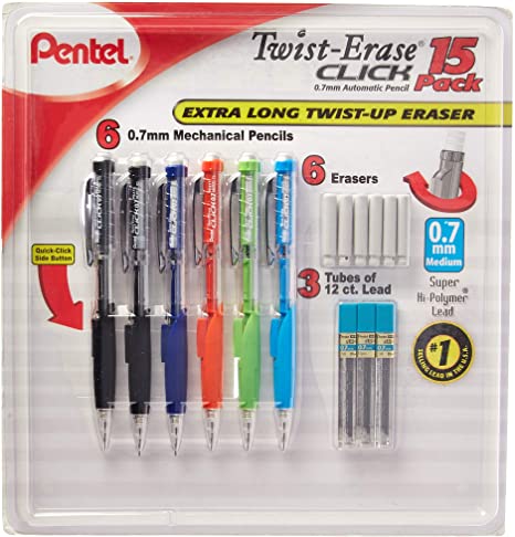 Photo 1 of Pentel Twist-Erase Click Mechanical Pencil Set - 6 Mechanical Pencils, 6 Extra Erasers, 3 Tubes of Lead Refills
