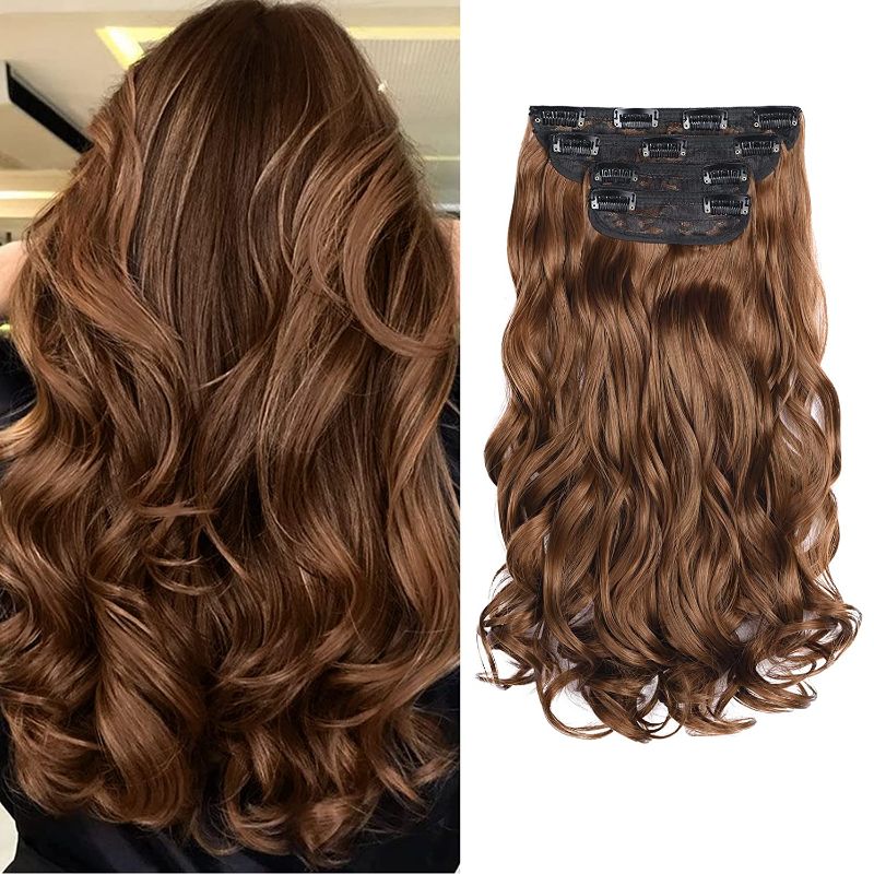 Photo 1 of Curly Wavy 4 Pieces Clip in on Hair Extensions Medium Warm Brown