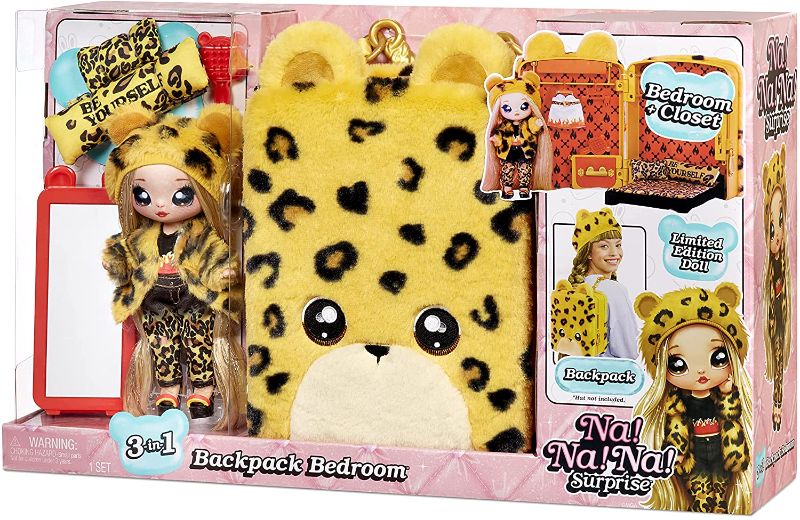 Photo 1 of Na! Na! Na! Surprise 3-in-1 Backpack Bedroom Playset Jennel Jaguar Fashion Doll in Exclusive Outfit, Fuzzy Jaguar Bag, Closet with Pillows & Blanket Accessories, Gift for Kids, Ages 5 6 7 8+ Years
