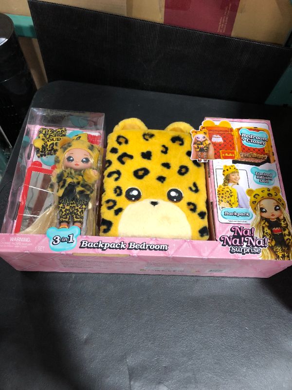 Photo 2 of Na! Na! Na! Surprise 3-in-1 Backpack Bedroom Playset Jennel Jaguar Fashion Doll in Exclusive Outfit, Fuzzy Jaguar Bag, Closet with Pillows & Blanket Accessories, Gift for Kids, Ages 5 6 7 8+ Years
