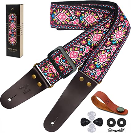 Photo 1 of Guitar Strap, Vintage Embroidered Cotton Guitar Straps with Genuine Leather Ends for Bass, Electric & Acoustic Guitars, Come with Free Strap Button, 1 Pair Strap Locks and 4 Guitar Picks (Pink Flower)
