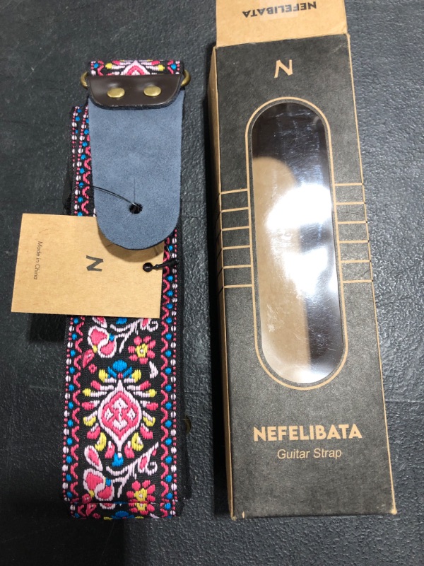 Photo 2 of Guitar Strap, Vintage Embroidered Cotton Guitar Straps with Genuine Leather Ends for Bass, Electric & Acoustic Guitars, Come with Free Strap Button, 1 Pair Strap Locks and 4 Guitar Picks (Pink Flower)
