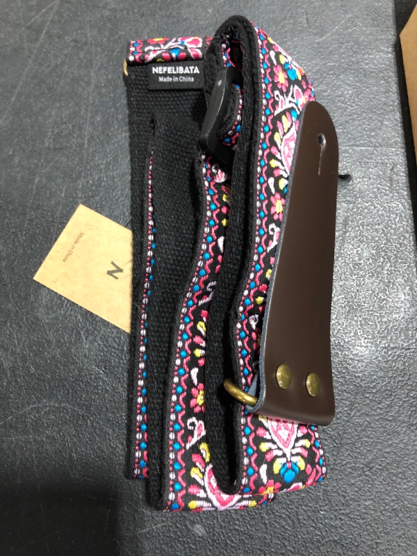 Photo 3 of Guitar Strap, Vintage Embroidered Cotton Guitar Straps with Genuine Leather Ends for Bass, Electric & Acoustic Guitars, Come with Free Strap Button, 1 Pair Strap Locks and 4 Guitar Picks (Pink Flower)
