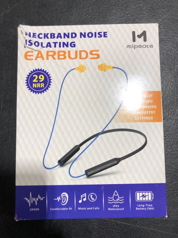 Photo 4 of Bluetooth earplug headphones, Mipeace neckband wireless earbuds earplugs-29db noise reduction isolating in-ear earplug earphones with mic and controls, IPX5 sweatproof, 16+Hour battery for work safety
