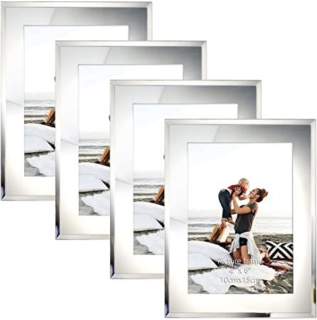 Photo 1 of Amazon Brand – Pinzon 4x6 Picture Frames Glass, Mirrored Edge Photo Frame for Tabletop Display, Silver (Set of 4)
