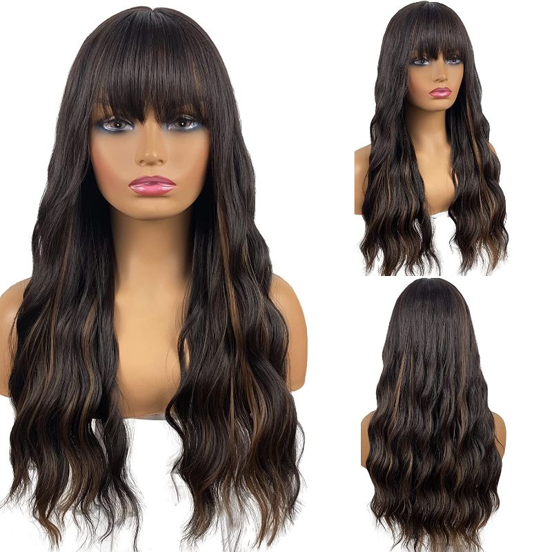 Photo 1 of 24inch Long Black Wavy Wigs with Bangs,Black with Brown Highlights Wavy Curly Wigs for Women,Silky Full Heat Resistant Synthetic Wig for Daily Party Use
