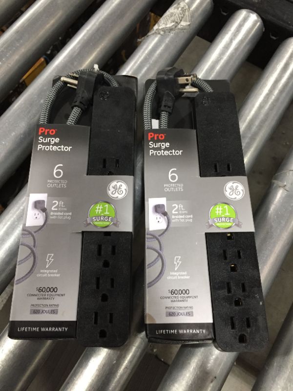 Photo 2 of 2 PACK GE Pro Grounded 6-Outlet Surge Protector with 2 ft. Braided Extension Cord, Black

