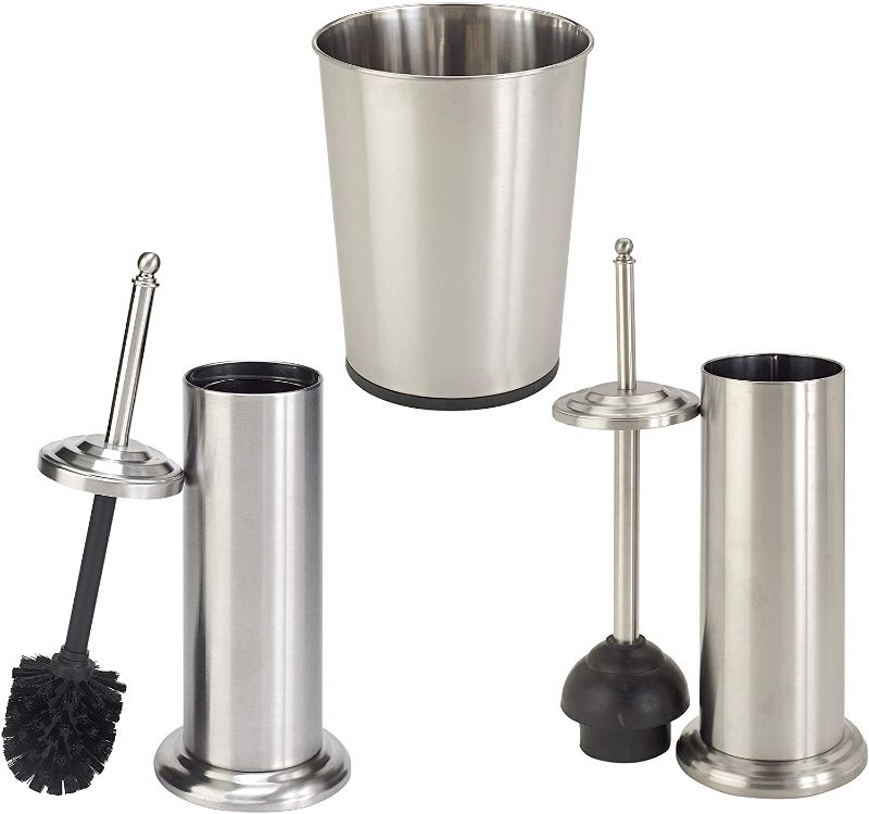 Photo 1 of Bath Bliss Bathroom Accessories 3 Piece Trash Can, Plunger & Toilet Brush Combo Bath Set, Stainless Steel Silver (AZ-120001-SS)

