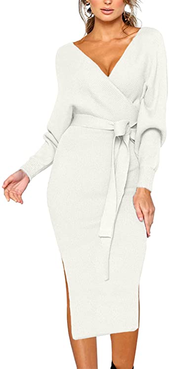 Photo 1 of CHERFLY Women's V Neck Sweater Dresses Batwing Long Sleeve Backless Bodycon Dress with Belt (L)
