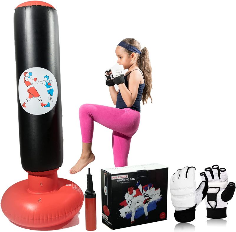 Photo 1 of Kids Punching Bag with Gloves - Inflatable Punching Bag for Kids with Stand Include Pair of White Martial Arts Gloves for Practicing Boxing Karate - Kids Boxing Set to Release Kids Energy
