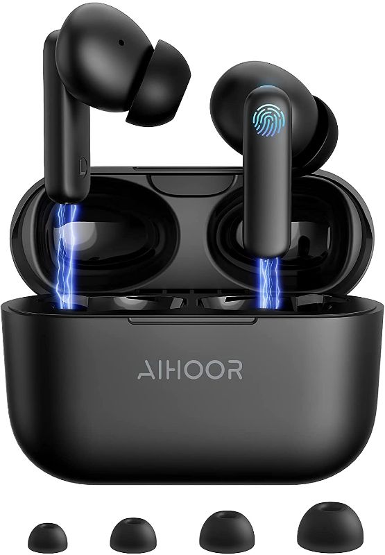 Photo 1 of AIHOOR Wireless Earbuds for iOS & Android Phones, Bluetooth 5.0 in-Ear Headphones with Extra Bass, Built-in Mic, Touch Control, USB Charging Case, 30hr Battery Earphones, Waterproof for Sport
