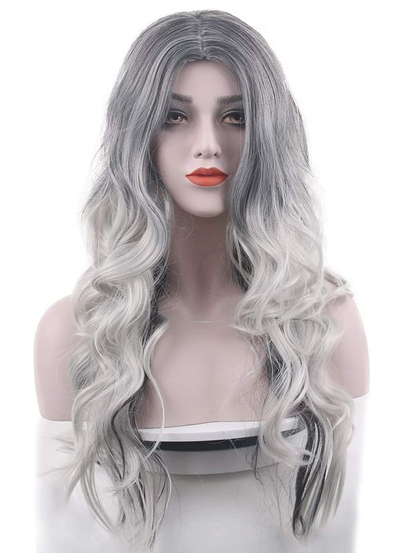 Photo 1 of Beautyself Silver Grey Costume Wigs for Women Halloween Curly Long Wavy Fashion Cosplay Ombre Black Mix Gray Hair Wigs with Wig Cap