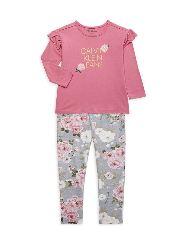 Photo 1 of Calvin Klein Little Girl's 2-Piece Logo Top & Floral Leggings Set - Pink Multi - Size 6
