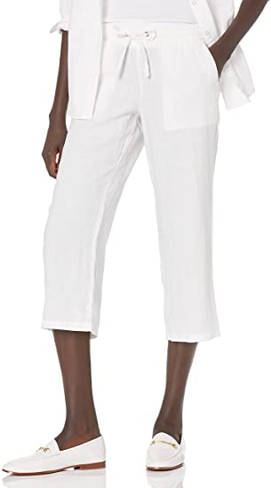 Photo 1 of Amazon Essentials Women's Solid Drawstring Linen Crop Pant, White, XS
