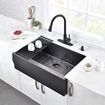 Photo 1 of 30 Inch Black Kitchen Sink, Hovheir Apron Sink Single Bowl Sinks 16 Guage Stainless Steel Modern Sink, Dark Gray Deep Sink Flat Apron Front Sink
