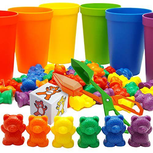 Photo 1 of Skoolzy Rainbow Counting Bears with Matching Sorting Cups Bear Counters and Dice Math Toddler Games 70pc Set - Bonus Scoop Tongs
