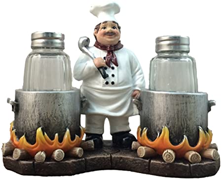 Photo 1 of DWK - Spice Du Jour - French Country Chef with Flaming Pots Decorative Figurine Salt And Pepper Shaker Set Gourmet Cottage Kitchen Collectible Home and Dining Décor Accent, 6.5-inch
