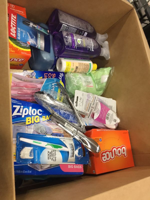 Photo 1 of BOX LOT OF HOME GOODS, CLEANING SUPPLIES AND BATHROOM ESSENTIALS 