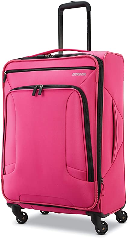 Photo 1 of American Tourister 4 Kix Expandable Softside Luggage with Spinner Wheels, Pink, Checked-Medium 25-Inch
