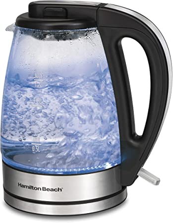 Photo 1 of Hamilton Beach 40864 Electric Tea Kettle, Water Boiler and Warmer, Cordless, LED Indicator with Integrated Mesh Filter, Auto Shut-Off and Boil-Dry Protection, 1.7 L, Clear Glass
