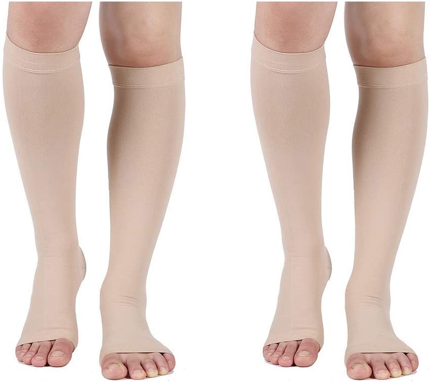 Photo 1 of Compression Socks, 2 Pairs, 20-30 mmHg Graduated Knee-Hi Compression Stockings for Unisex, Open Toe, Opaque, Support Hose for DVT, Pregnancy, Varicose Veins, Relief Shin Splints, Beige 4XL
