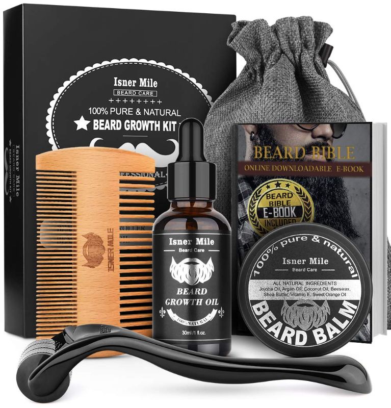 Photo 1 of Beard Growth Kit, Derma Roller Kit, Natural Beard Growth Oil for Patchy Beard, Beard & Mustache Facial Hair Growth, Conditioner Balm, Handmade Comb, Storage Bag, Gifts for Men Him Dad Father Boyfriend
