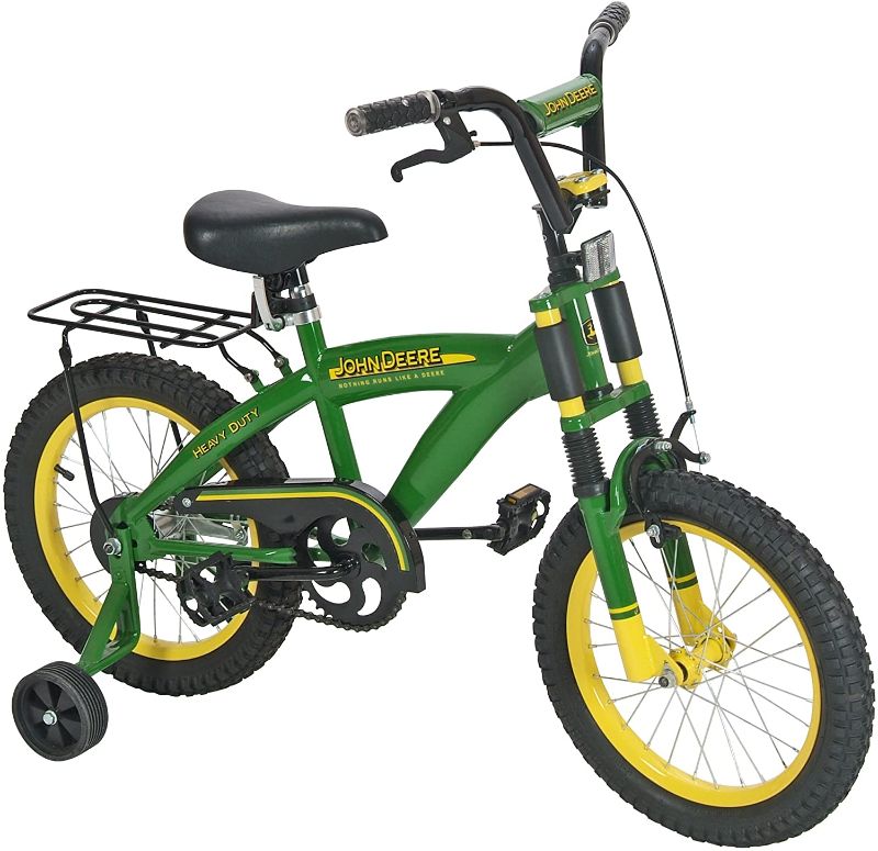 Photo 1 of John Deere Ride On Toys Kids Bicycle with Training Wheels for Kids Aged 4 Years and Up, 16 Inch, Green/Yellow
