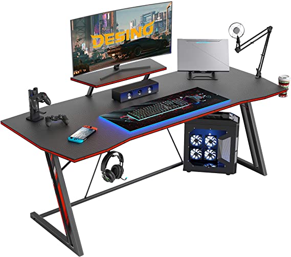 Photo 1 of DESINO Gaming Desk 55 inch PC Computer Desk, Home Office Desk Gaming Table Z Shaped Gamer Workstation with Cup Holder and Headphone Hook, Black
