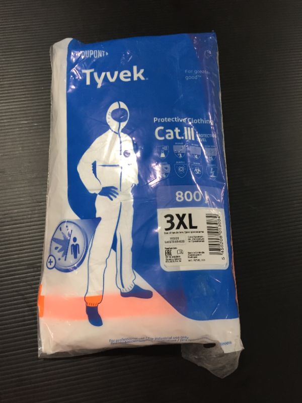 Photo 2 of DuPont Tyvek 800J TJ198T Chemical Protective Coverall Suit, CE Certified, Cat III, Type 3/4/5/6, Sealed Bag, 3X-Large, White
