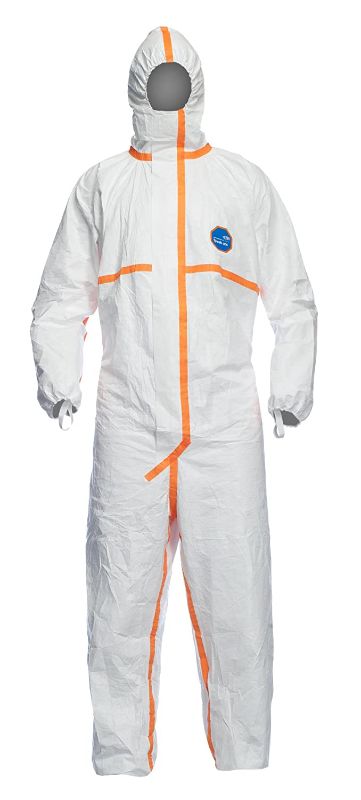 Photo 1 of DuPont Tyvek 800J TJ198T Chemical Protective Coverall Suit, CE Certified, Cat III, Type 3/4/5/6, Sealed Bag, 3X-Large, White
