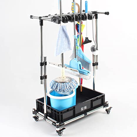 Photo 1 of Broom and mop Rack can be Moved and Adjustable Height mop Rack Tool Rack Cleaning Tool cart Stainless Steel Storage Rack Durable Storage
